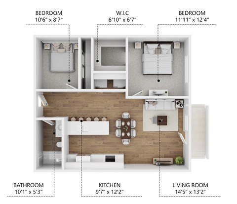 Floor plan for 2 beds, 1 bath, 864 sqft